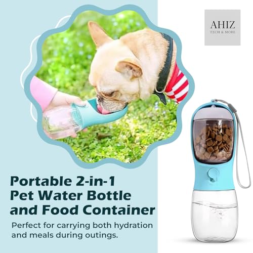 Portable 2-in-1 Pet Water Bottle and Food Container. 300ml capacity for water and 100g dry food compartment. Leak proof, Ideal for walks, hikes and travel. Dog and Cat Gift.