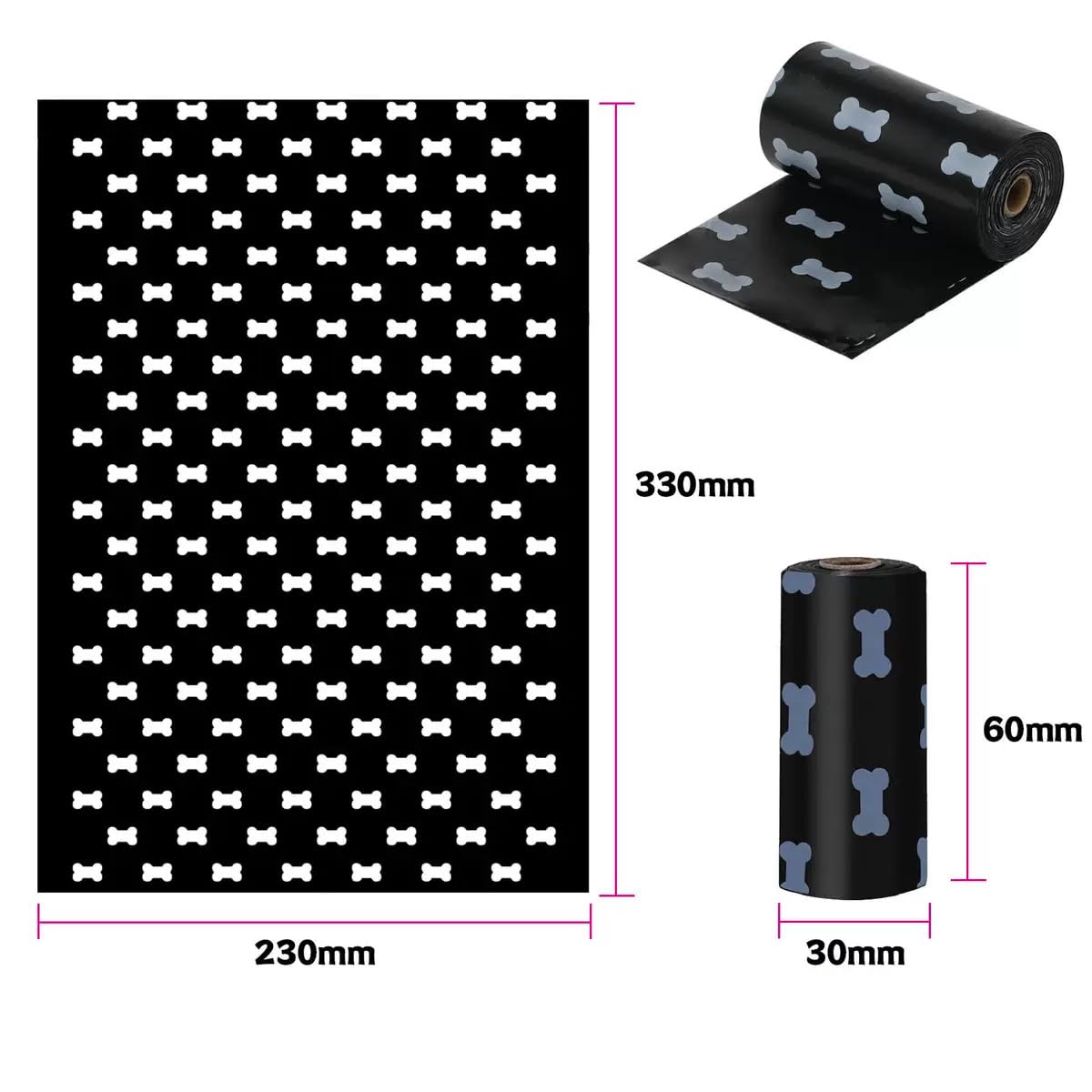 AHIZ Dog Poop Bags. Eco-friendly, Thick, Strong, Leak-Proof Bags. Lavender Scented, Biodegradable. 12 rolls (180 bags total). Includes One Free Dispenser. Black, Bone Print Design. 15 Microns Thick.