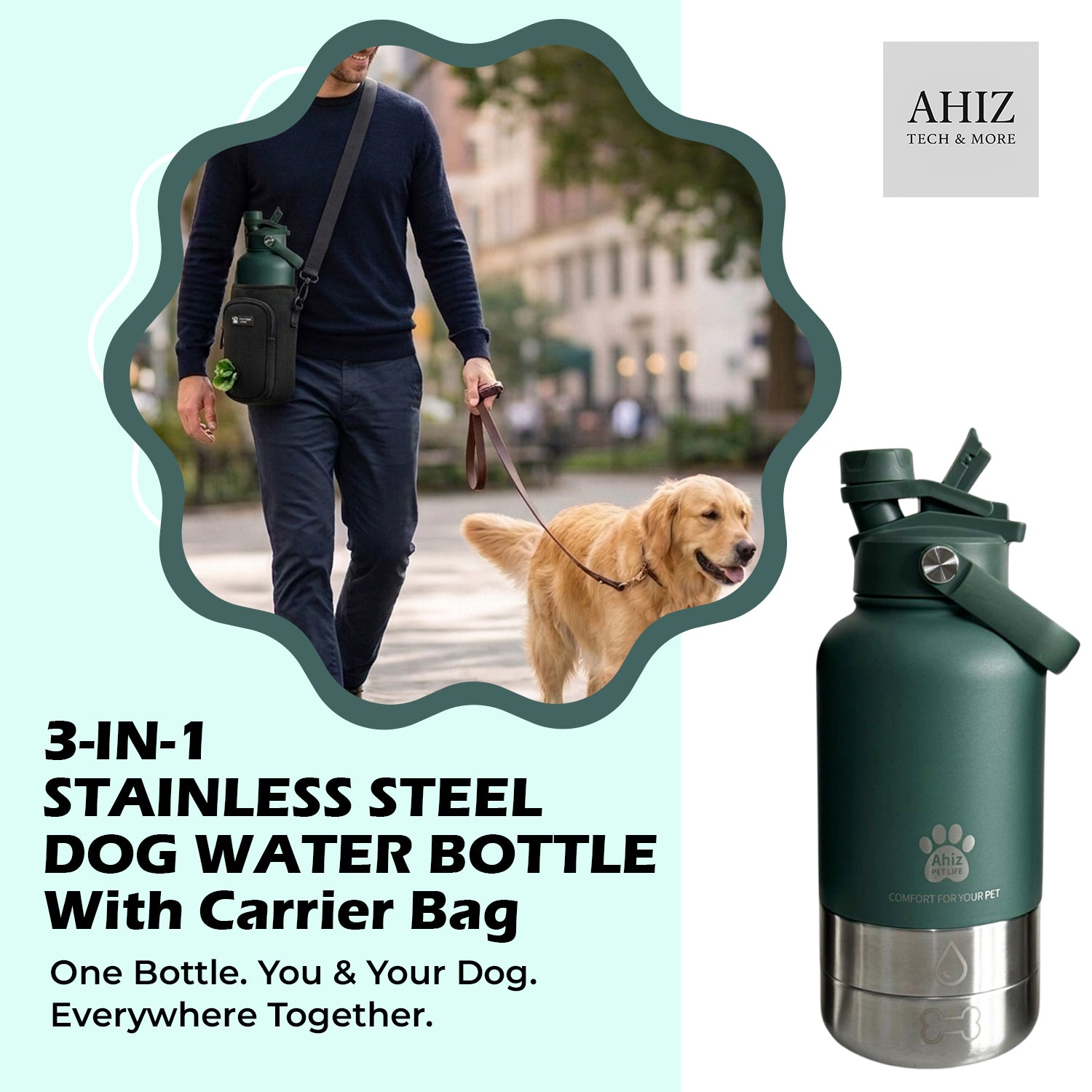3-in-1 Dog Water Bottle with Carrier Bag