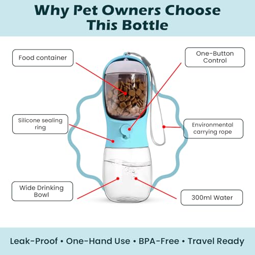 Portable 2-in-1 Pet Water Bottle and Food Container. 300ml capacity for water and 100g dry food compartment. Leak proof, Ideal for walks, hikes and travel. Dog and Cat Gift.