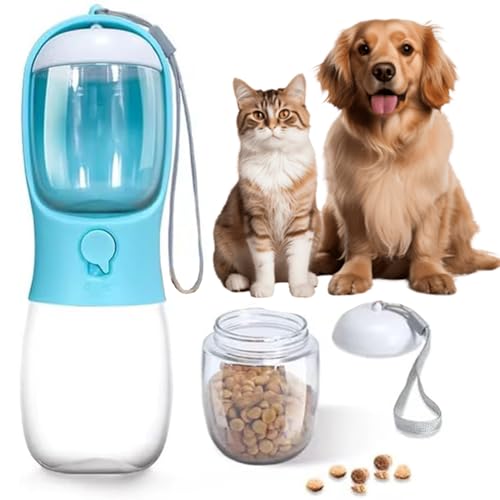Portable 2-in-1 Pet Water Bottle and Food Container. 300ml capacity for water and 100g dry food compartment. Leak proof, Ideal for walks, hikes and travel. Dog and Cat Gift.