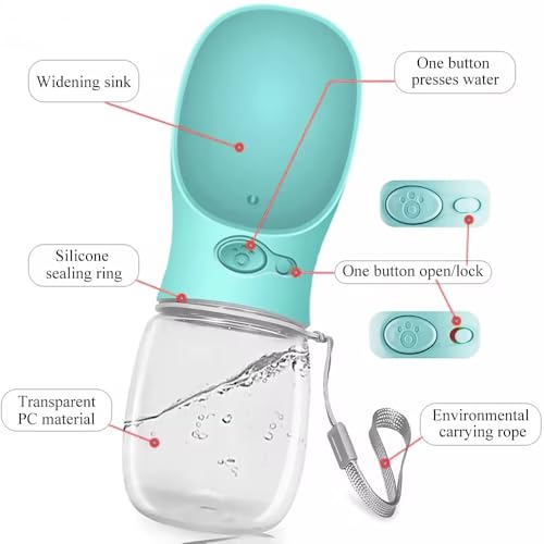 AHIZ Portable Pet Water Bottle 350ml- Leak-Proof Water Bottle with Strap, Antibacterial, Food-Grade Material for Dog & Cats, Outdoor walks/Travel, Multiple Colours. Dog & Cat Gifts.
