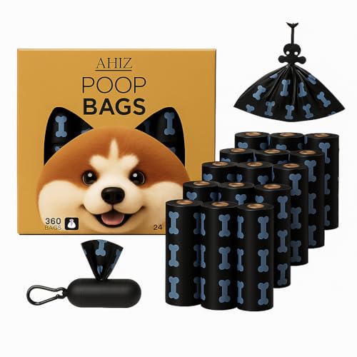 AHIZ Dog Poop Bags. Eco-friendly, Thick, Strong, Leak-Proof Bags. Lavender Scented, Biodegradable. 36 rolls (540 bags total). Black, Bone Print Design. 15 Microns Thick.