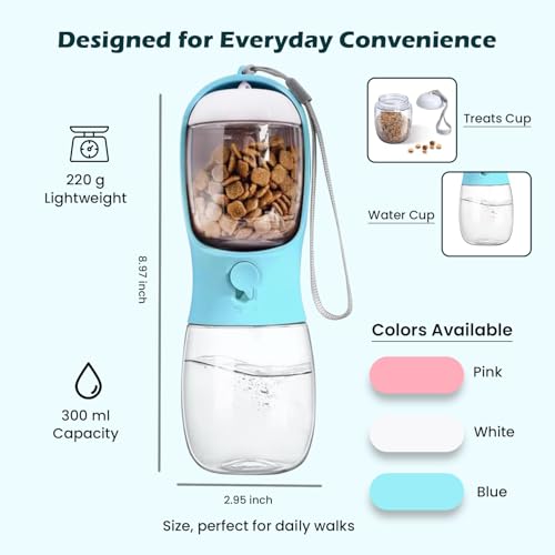 Portable 2-in-1 Pet Water Bottle and Food Container. 300ml capacity for water and 100g dry food compartment. Leak proof, Ideal for walks, hikes and travel. Dog and Cat Gift.