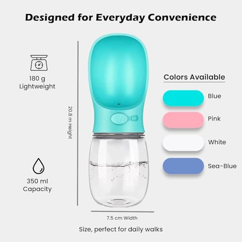 AHIZ Portable Pet Water Bottle 350ml- Leak-Proof Water Bottle with Strap, Antibacterial, Food-Grade Material for Dog & Cats, Outdoor walks/Travel, Multiple Colours. Dog & Cat Gifts.