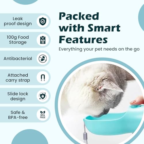 Portable 2-in-1 Pet Water Bottle and Food Container. 300ml capacity for water and 100g dry food compartment. Leak proof, Ideal for walks, hikes and travel. Dog and Cat Gift.