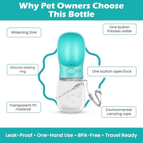 AHIZ Portable Pet Water Bottle 350ml- Leak-Proof Water Bottle with Strap, Antibacterial, Food-Grade Material for Dog & Cats, Outdoor walks/Travel, Multiple Colours. Dog & Cat Gifts.