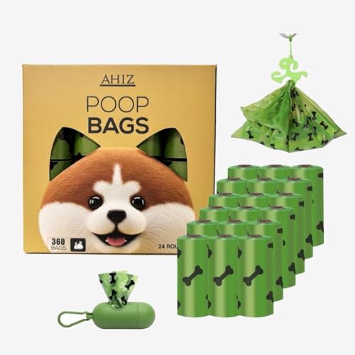 AHIZ Dog Poop Bags. Eco-friendly, Thick, Strong, Leak-Proof Bags. Lavender Scented, Biodegradable. 24 rolls (360 bags total). Includes One Free Dispenser. Green, bone prints. 15 Microns Thick.