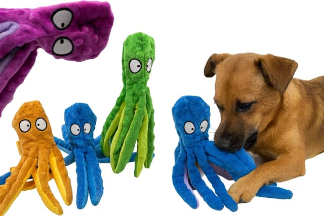 Ahiz Interactive Dog Toy, Octopus Plush, No Stuffing, Squeaky Chew Toy for Indoor and Outdoor Play. Crinkle Paper For Small, Medium, Large dogs. Dog Gift.