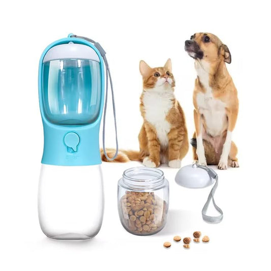 Portable 2-in-1 Pet Water Bottle and Food Container. 300ml capacity for water and 100g dry food compartment. Leak proof, Ideal for walks, hikes and travel. Dog and Cat Gift.