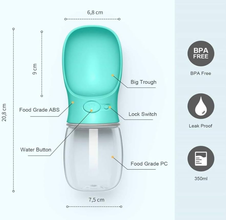 AHIZ Portable Pet Water Bottle 350ml- Leak-Proof Water Bottle with Strap, Antibacterial, Food-Grade Material for Dog & Cats, Outdoor walks/Travel, Multiple Colours. Dog & Cat Gifts.