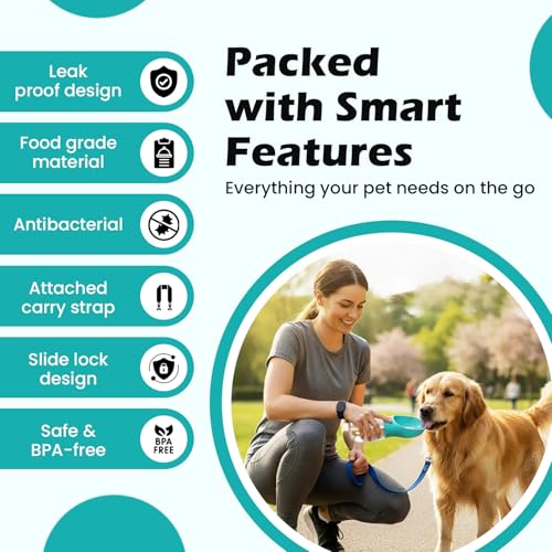 AHIZ Portable Pet Water Bottle 350ml- Leak-Proof Water Bottle with Strap, Antibacterial, Food-Grade Material for Dog & Cats, Outdoor walks/Travel, Multiple Colours. Dog & Cat Gifts.
