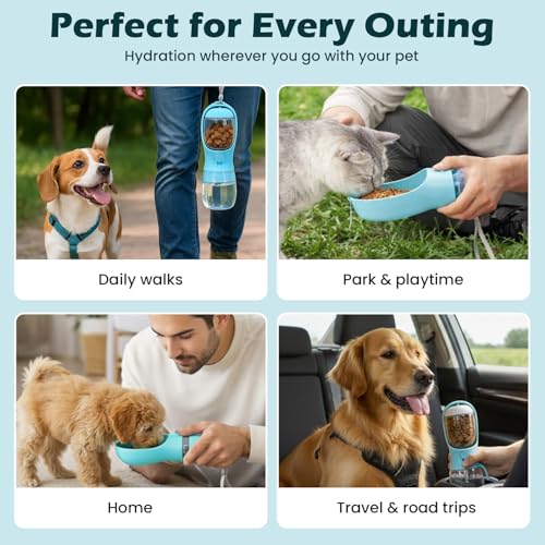 Portable 2-in-1 Pet Water Bottle and Food Container. 300ml capacity for water and 100g dry food compartment. Leak proof, Ideal for walks, hikes and travel. Dog and Cat Gift.