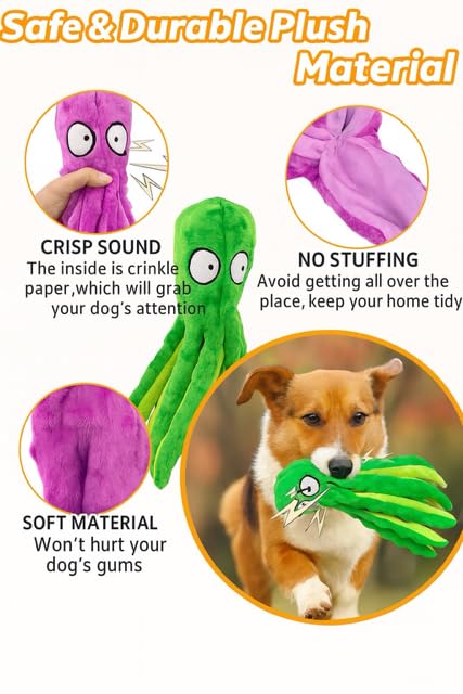 Ahiz Interactive Dog Toy, Octopus Plush, No Stuffing, Squeaky Chew Toy for Indoor and Outdoor Play. Crinkle Paper For Small, Medium, Large dogs. Dog Gift.