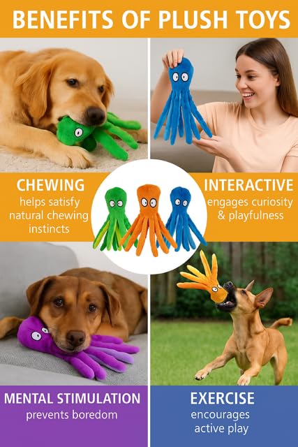 Ahiz Interactive Dog Toy, Octopus Plush, No Stuffing, Squeaky Chew Toy for Indoor and Outdoor Play. Crinkle Paper For Small, Medium, Large dogs. Dog Gift.