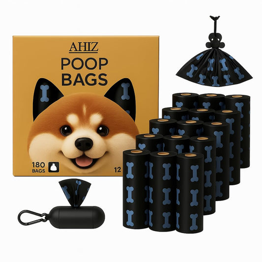 AHIZ Dog Poop Bags. Eco-friendly, Thick, Strong, Leak-Proof Bags. Lavender Scented, Biodegradable. 12 rolls (180 bags total). Includes One Free Dispenser. Black, Bone Print Design. 15 Microns Thick.