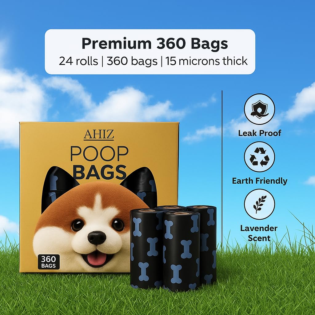 AHIZ Dog Poop Bags. Eco-friendly, Thick, Strong, Leak-Proof Bags. Lavender Scented, Biodegradable. 12 rolls (180 bags total). Includes One Free Dispenser. Black, Bone Print Design. 15 Microns Thick.