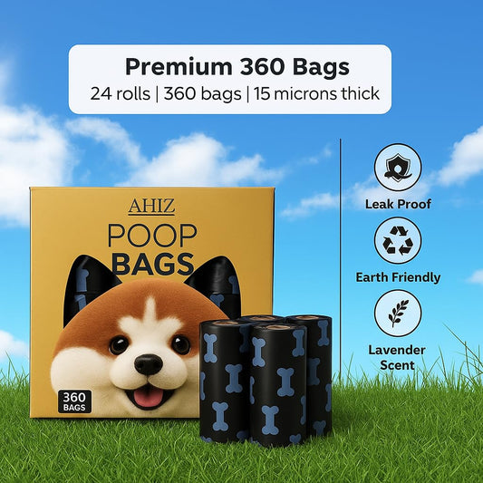 AHIZ Dog Poop Bags. Eco-friendly, Thick, Strong, Leak-Proof Bags. Lavender Scented, Biodegradable. 12 rolls (180 bags total). Includes One Free Dispenser. Black, Bone Print Design. 15 Microns Thick.