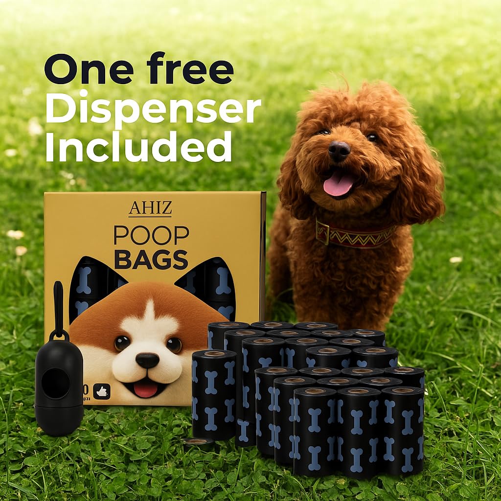 AHIZ Dog Poop Bags. Eco-friendly, Thick, Strong, Leak-Proof Bags. Lavender Scented, Biodegradable. 12 rolls (180 bags total). Includes One Free Dispenser. Black, Bone Print Design. 15 Microns Thick.